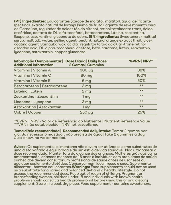 Rótulo com tabela nutricional e ingredientes das gomas Stay Tanned da Stautt | Nutrition facts and ingredients label for Stay Tanned gummies by Stautt