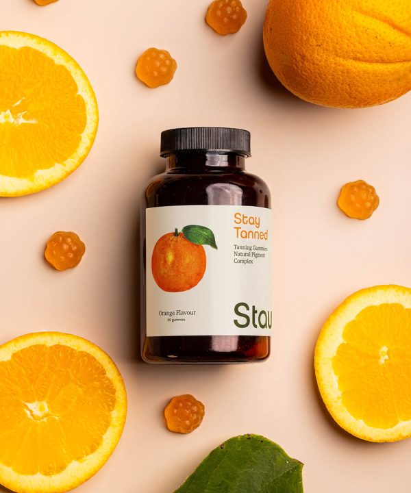 Gomas de laranja sem açúcar Stay Tanned da Stautt, frasco com laranjas | Stay Tanned sugar-free orange gummies by Stautt, bottle with oranges
