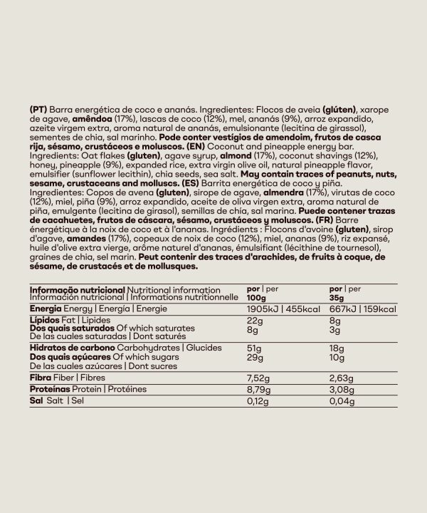 Rótulo com tabela nutricional e ingredientes da barra TropiNut Break Bar da Stautt | Nutrition facts and ingredients label for TropiNut Break Bar by Stautt